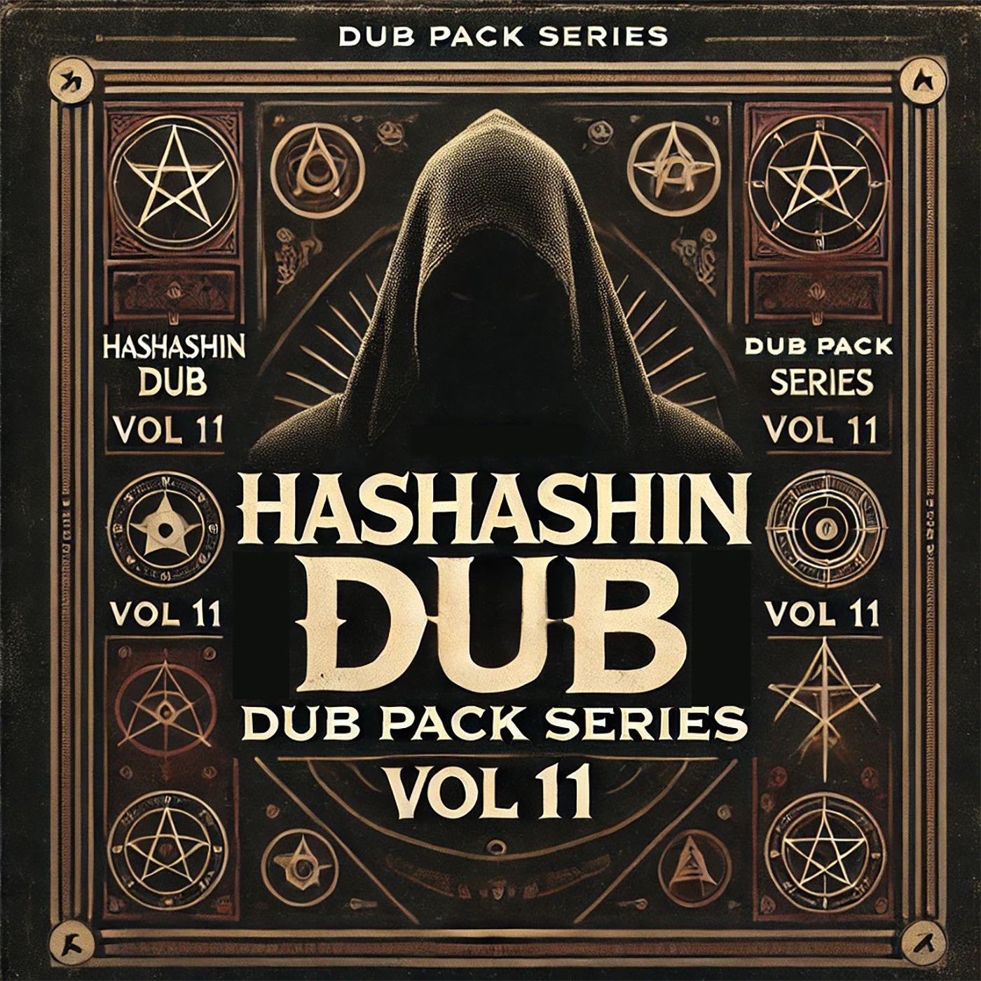 Dub Pack Series Vol 11 – Hashashin Dub cover featuring moody, cinematic dub visuals; 120 BPM pack in F minor with 3.5GB of live instrumentation including 1973 Fender Precision Bass, guitars, keys, saxophone, percussion, and vintage FX, offering 102 loops, 86 one-shots, 42 song stems, and 7 remix stems